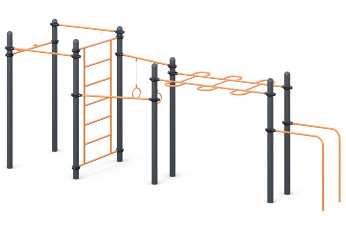 Три разноуровневых турника, брусья для отжиманий, комбинированный рукоход, шведская стенка, гимнастические кольца и турник для подтягивания хватом "молоток"