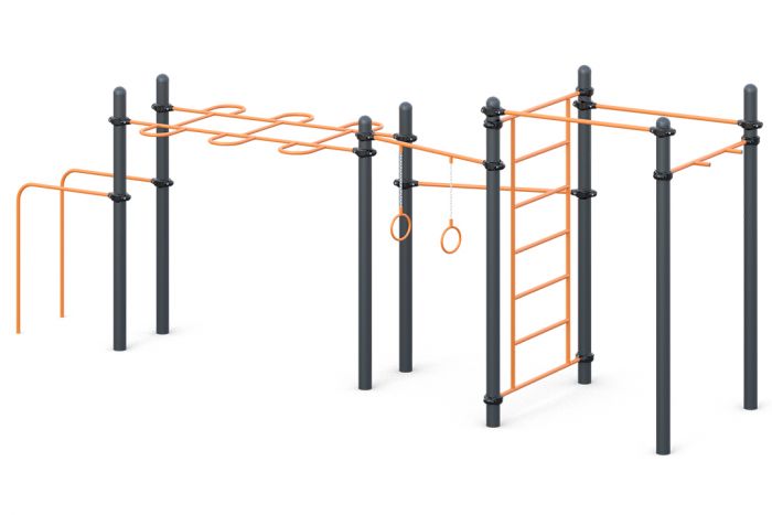 Три разноуровневых турника, брусья для отжиманий, комбинированный рукоход, шведская стенка, гимнастические кольца и турник для подтягивания хватом "молоток"