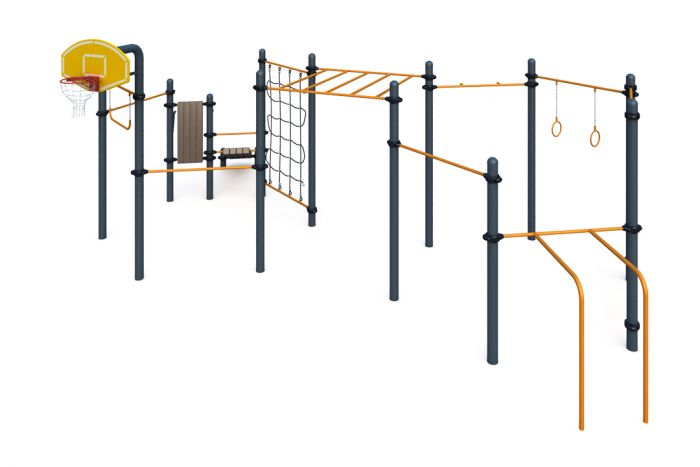 Три разноуровневых турника, турник хватом "молоток", шведская стенка, рукоход, брусья для отжиманий, гимнастические кольца, перекладина, вертикальная стойка и наклонная лав